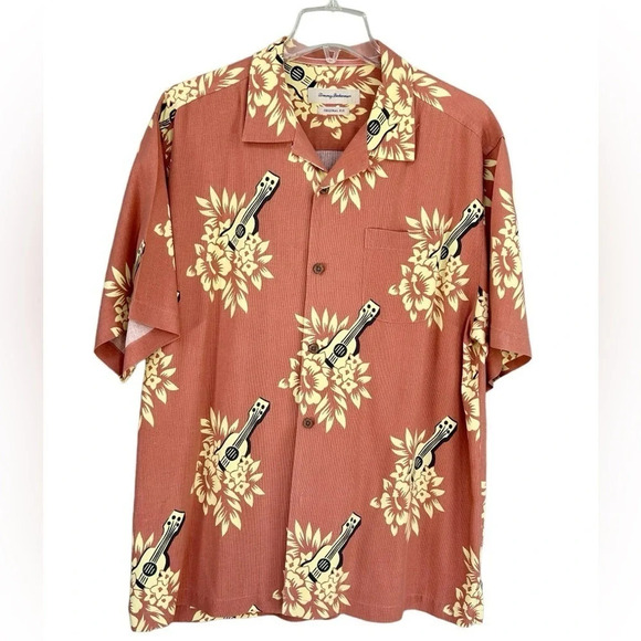 Tommy Bahama | Hawaiian Camp Shirt with Ukulele and Floral Print, Size Large - Picture 1 of 5